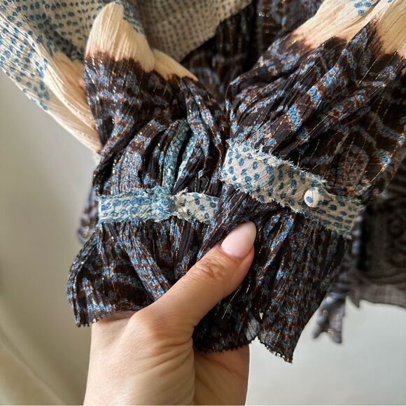 Ulla Johnson Sara Metallic Blue Stripe Ruffle Long Sleeve Silk Mini Dress - Picture 8 of 10